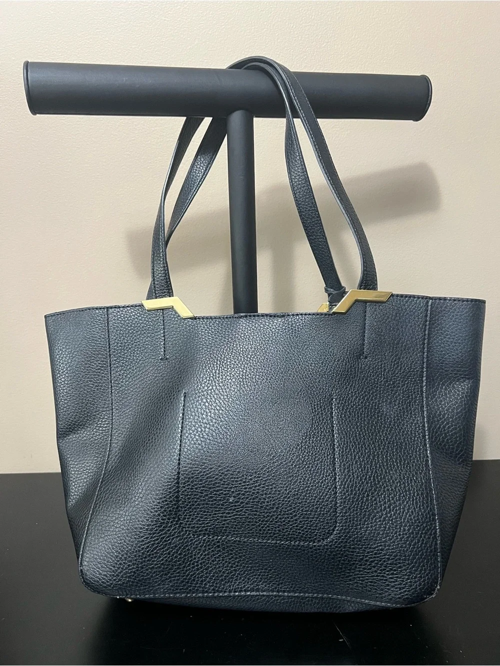 Lauren Ralph Lauren Arcadia Black Pebbled Leather Tote with Gold Accents